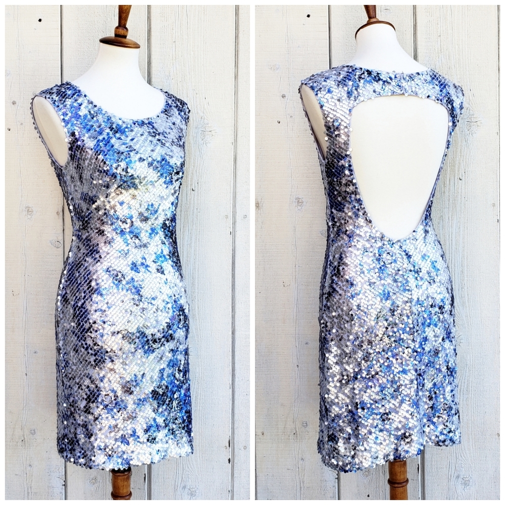 Alberto Makali Silver Blue Sequin Dress Size 6